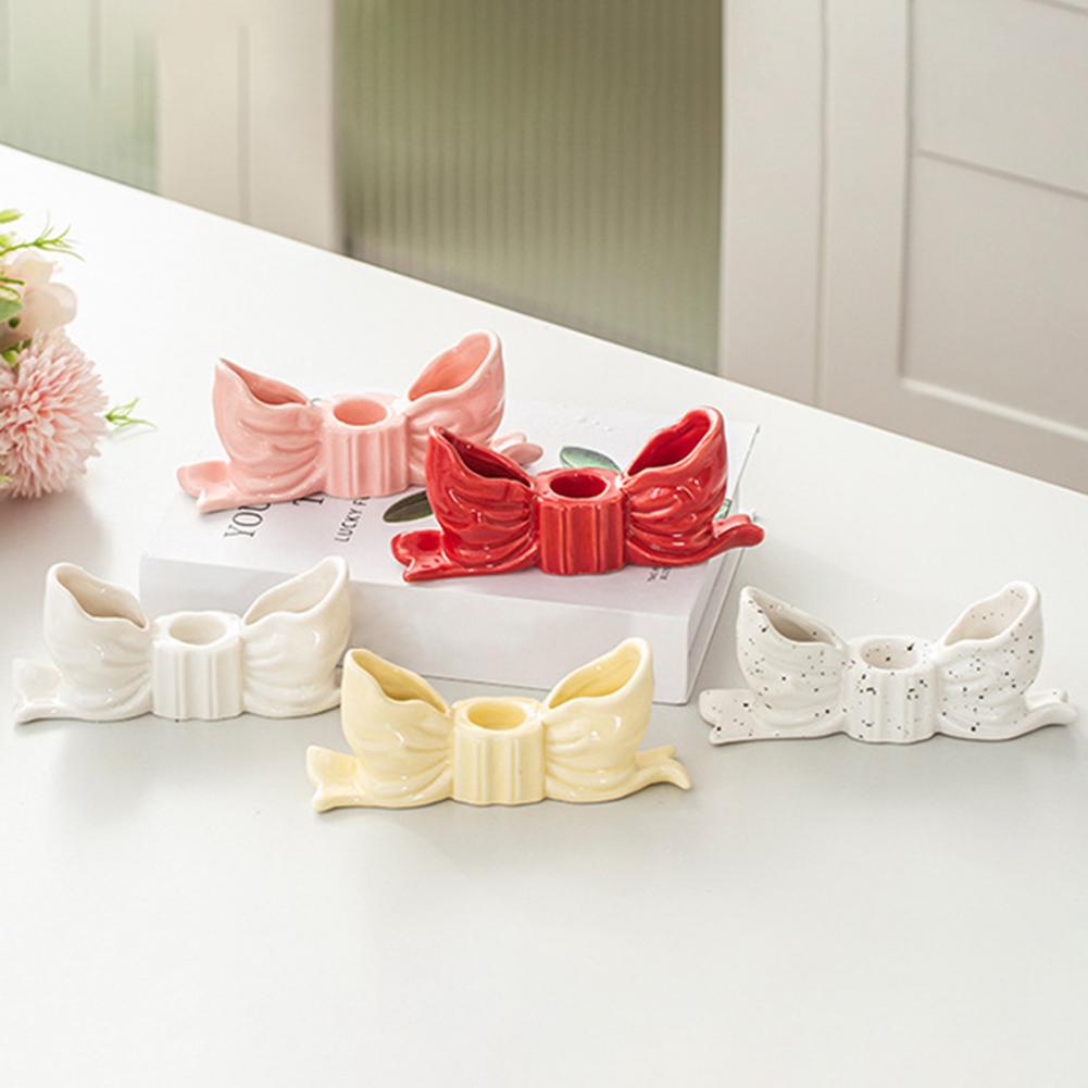 Ceramic Bow Candle Holder Taper Candle Stand Candlestick Table Centerpiece Holiday Party Home Office Desktop Decor Ornament