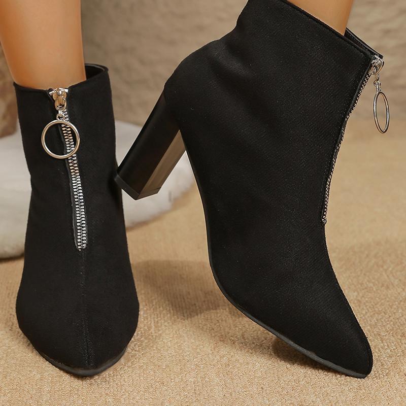 Fashion Flock Zip Decor Ankle Boots for Women Pointed Toe High Heeled Modern Boots Woman Autumn Plus Size Comfort Platform Casual Boots