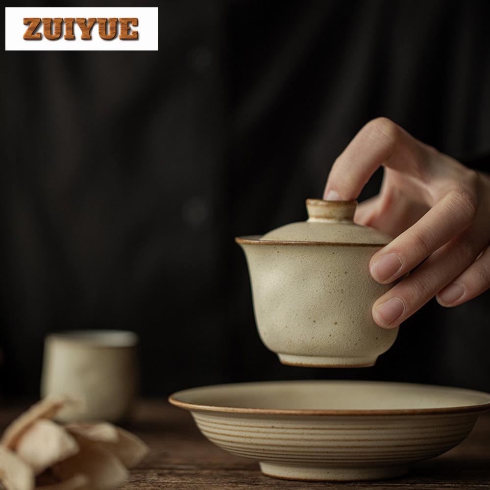 120ml Coarse Pottery Handmade Covered Bowl Japanese Boutique Small Gaiwan Elegant Tea Tureen Tea Maker Drinkware Collection Gift