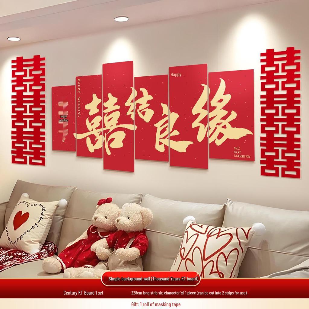 Wedding Room Décor Set: Bride & Groom Bedside Background with Pull Flowers & Double Happiness KT Board
