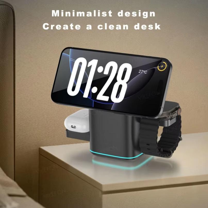 Electric Rotation 3 in 1 Magnetic Wireless Charger LED Breathing Light For Magsafe iPhone 16 15 14 13 12  Watch AirPods Pro