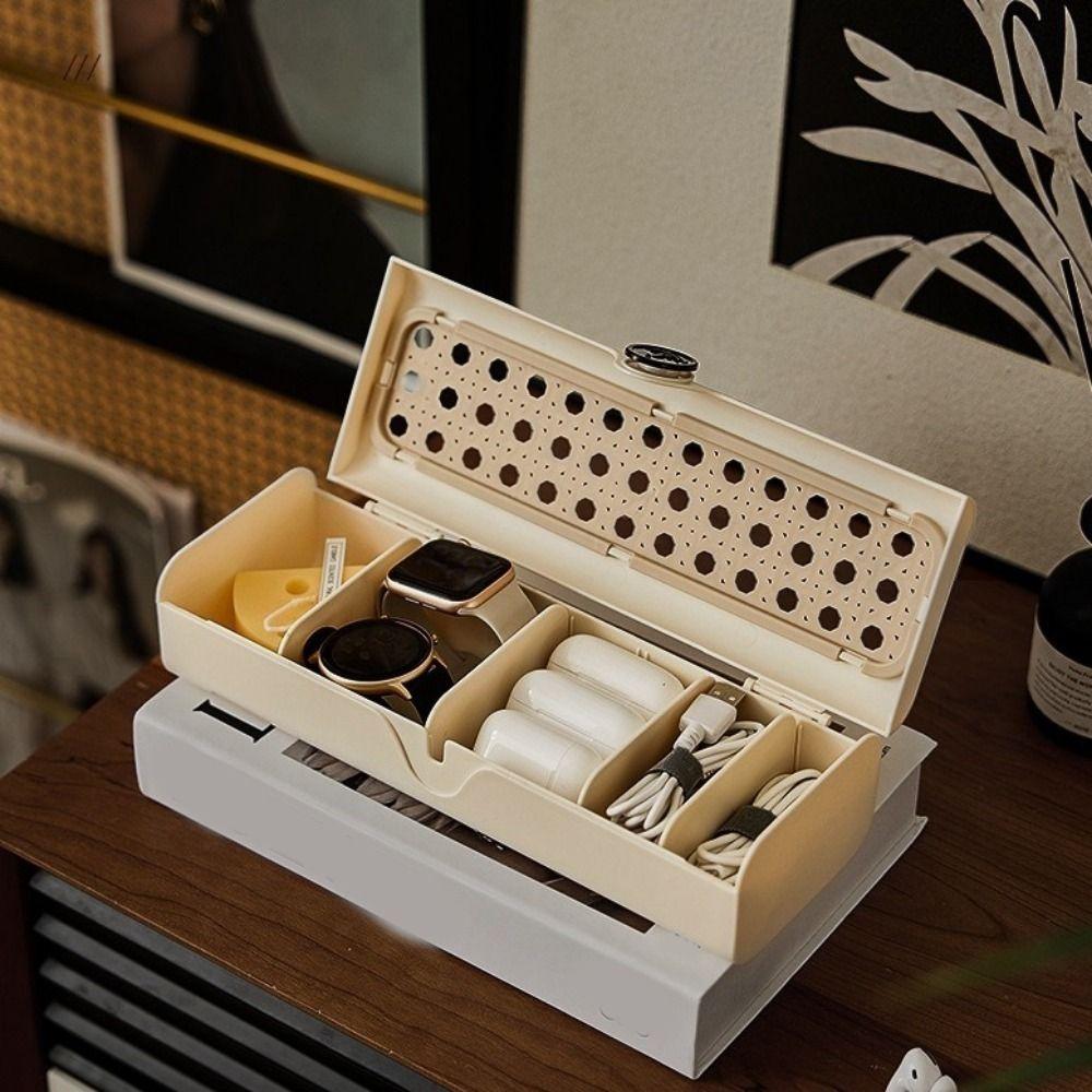 Plastic Date Cable Storage Box Rattan Weave Style Charging Cord Management Case  Office