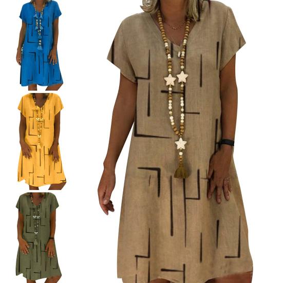 V-Neck Short Sleeve Knee-Length Shift Dress Geometry Plaid Print Casual Summer Dress Female Clothing