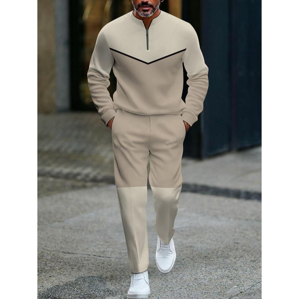 Frühling Herbst Mode Streetwear Herren Langarm Halbreißverschluss Stehkragen Lässige Sportbekleidung Herrenbekleidung Zweiteiliges Set