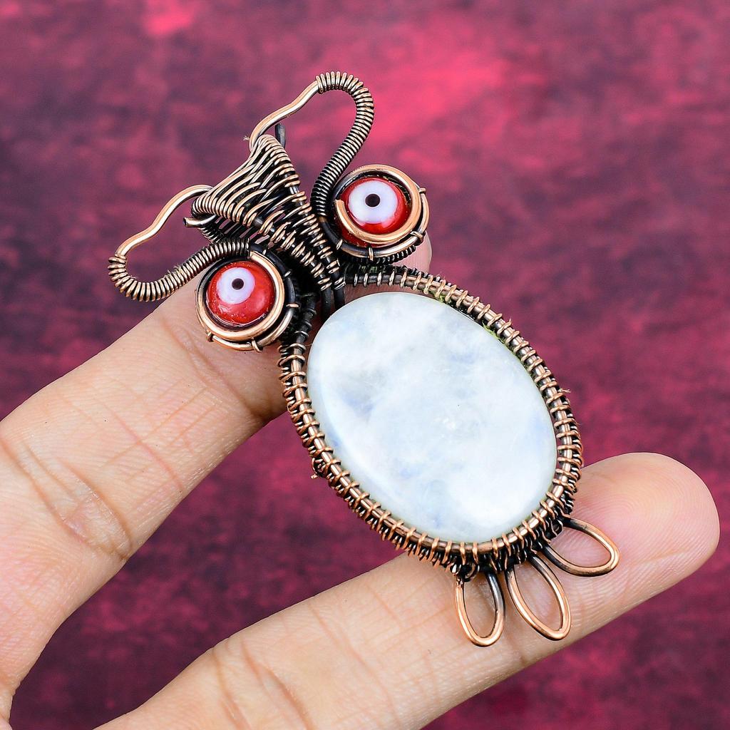 Rainbow Moonstone & Red Color Evil Eye Pendant Copper Wire Wrapped Owl Jewelry