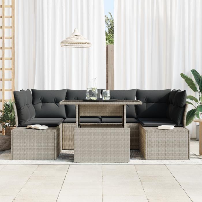 VidaXL Ensemble de salon de jardin 7 pièces avec coussins Gris clair en poly rotin 3357855