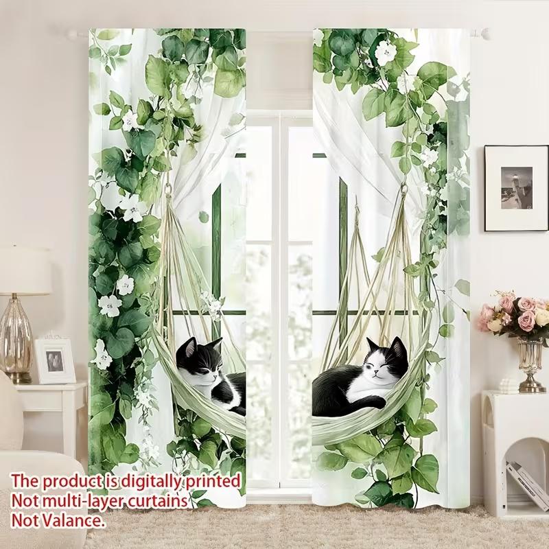 2 Pcs Hanging Basket Cat Print Curtains,suitable for Bedroom,living Room Kitchen Decoration,home Decoration,window Decoration