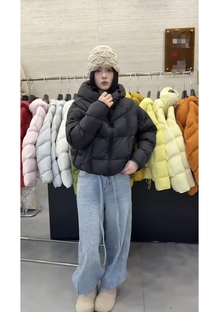 Schale flauschige Kapuzen-Kurzdaunenjacke Damen Winter Neu Rippen Kapuze Locker Vielseitiger Temperamentmantel