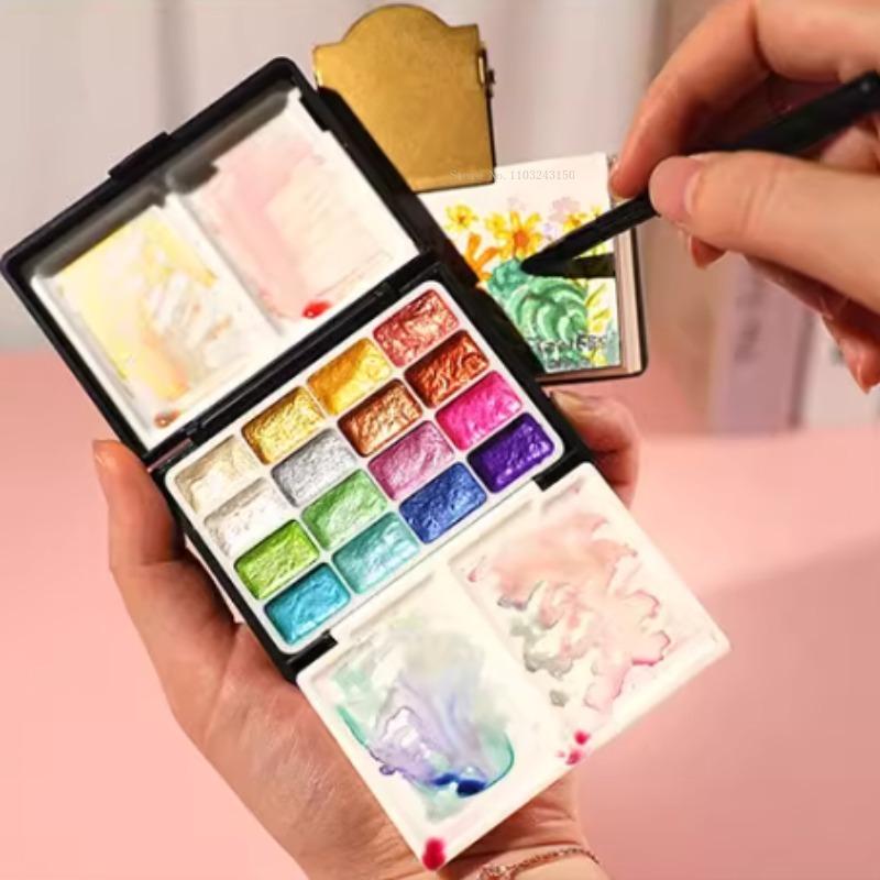 32 Colors Solid Pearlescent Mini Water Color Paint Set Portable Folding Box Outdoor Sketch Travel Graffiti Hand-painted Creation