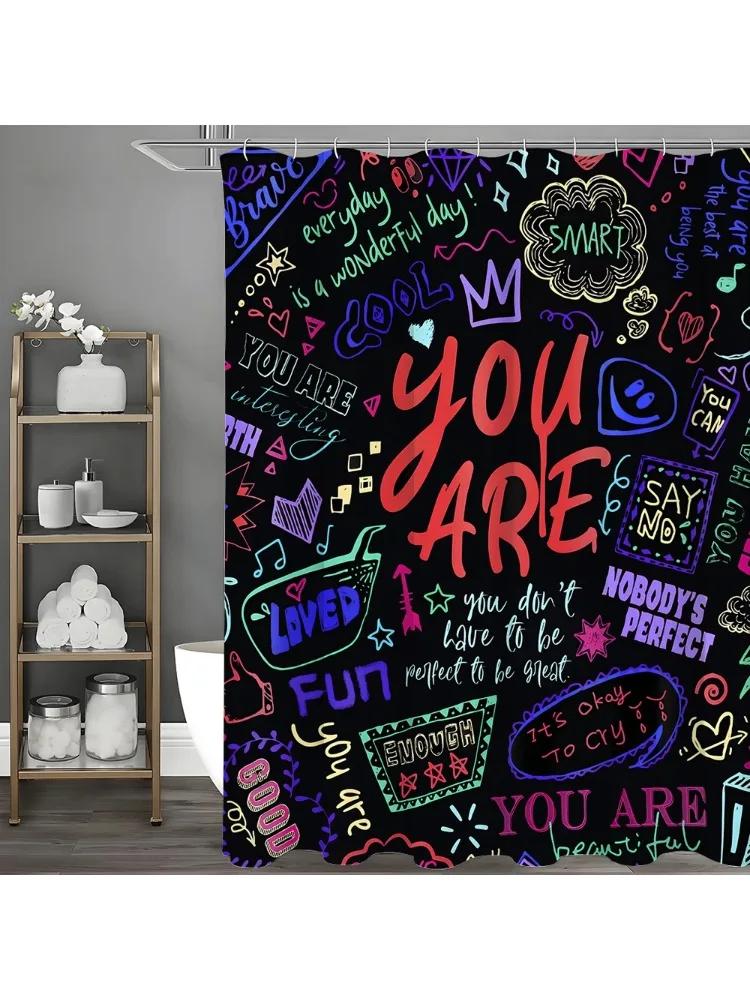 

Modern Abstract Graffiti Art Graffiti Text Shower Curtain, Bathroom Decorative Shower Curtain, Waterproof Shower Curtain With W60H190(CM)-1 Pcs