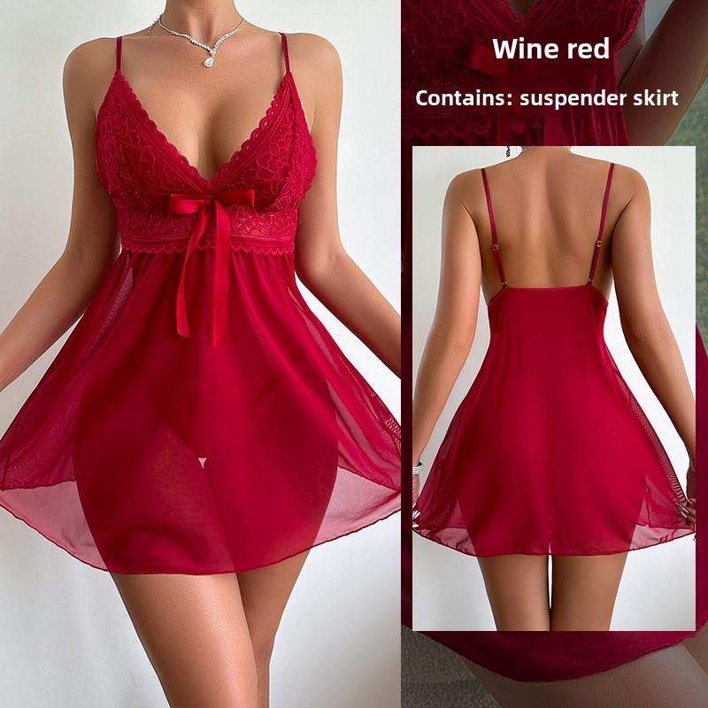 Sexuální spodní prádlo Sexy síťované průhledné pyžamo Krajkové pyžamo na ramínka