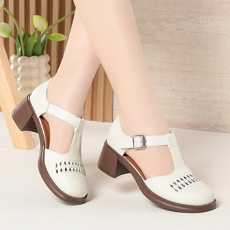 

5cm Vintage T Strap Soft Leather Round Head Cutout Gladiator Sandals Platform Shoes 2025 Women s Med Block Heels Sandals for Mom 35