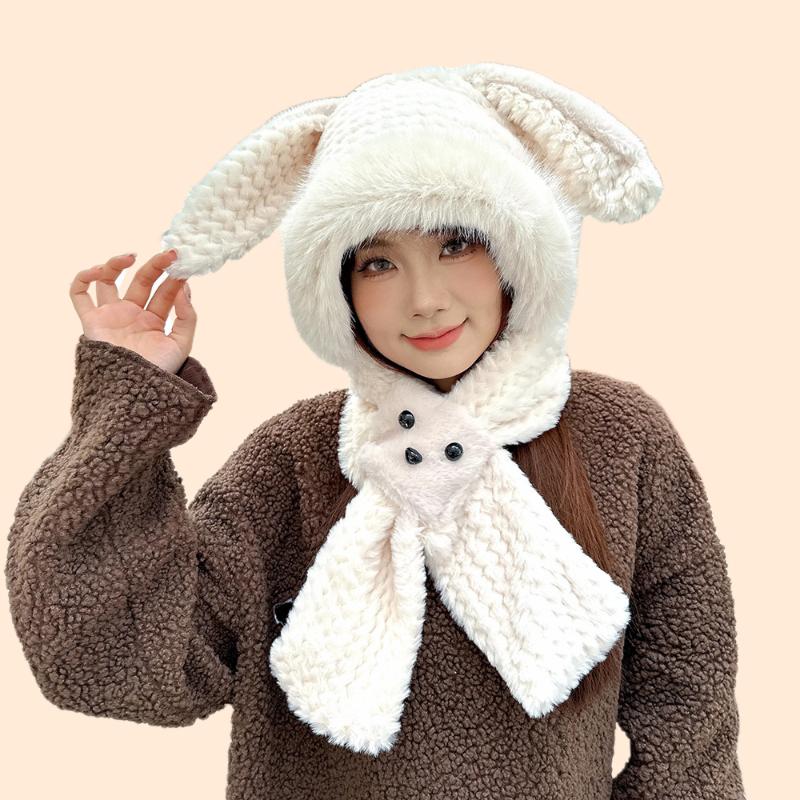 Cute Bunny Ear Plush Hat for Winter Thickened Warm Face-Flattering Ear Protection Scarf Integrated Cold Resistant Hat