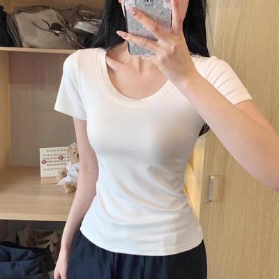 Women's White Slim Fit U-Neck Cotton T-Shirt, 2025 Style Summer Short Sleeve Top