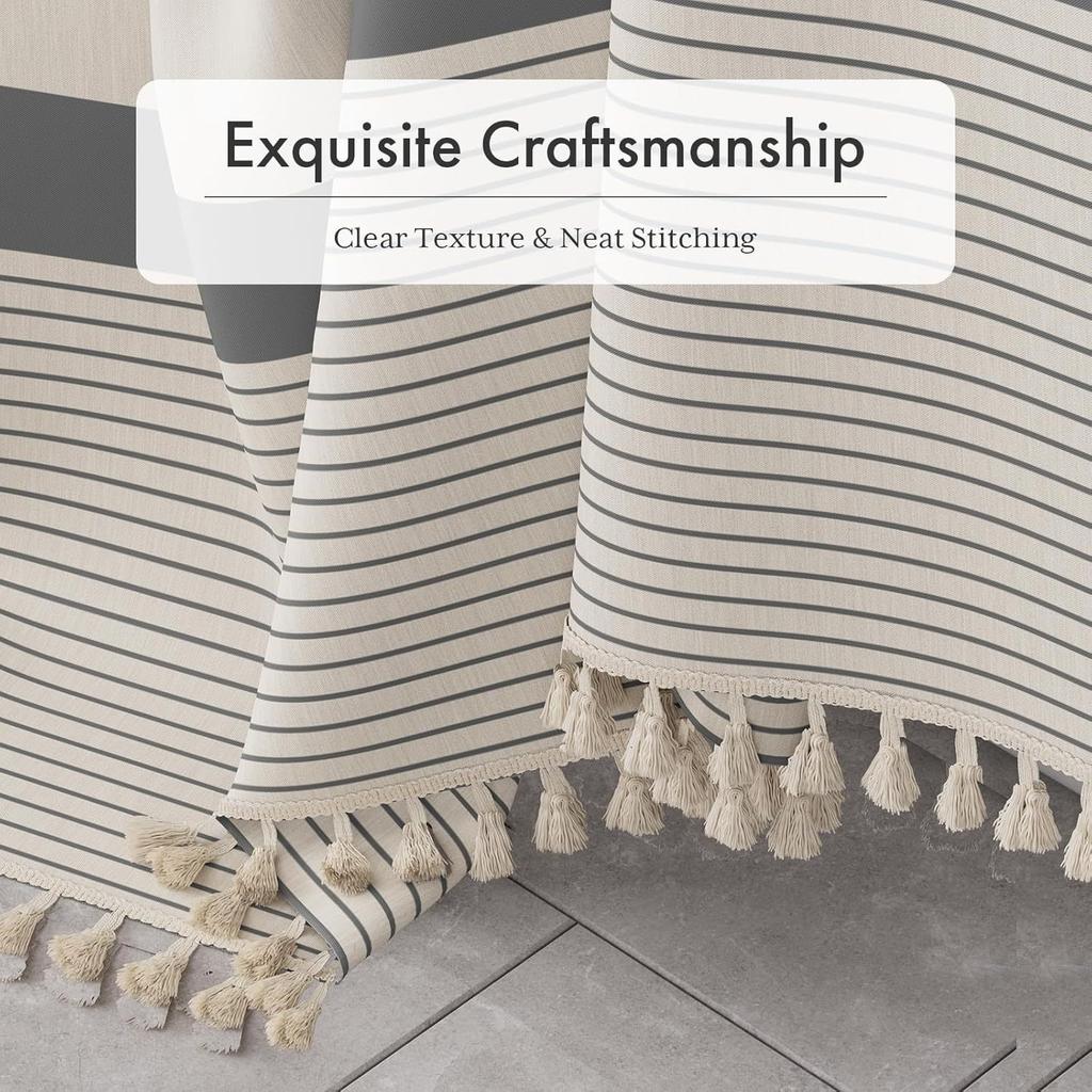 Simple Tassel Striped Bathroom Curtain – Printed Bamboo Joint Fabric, Privacy Shower Partition, Waterproof & Heavy Duty (Hooks Included)
