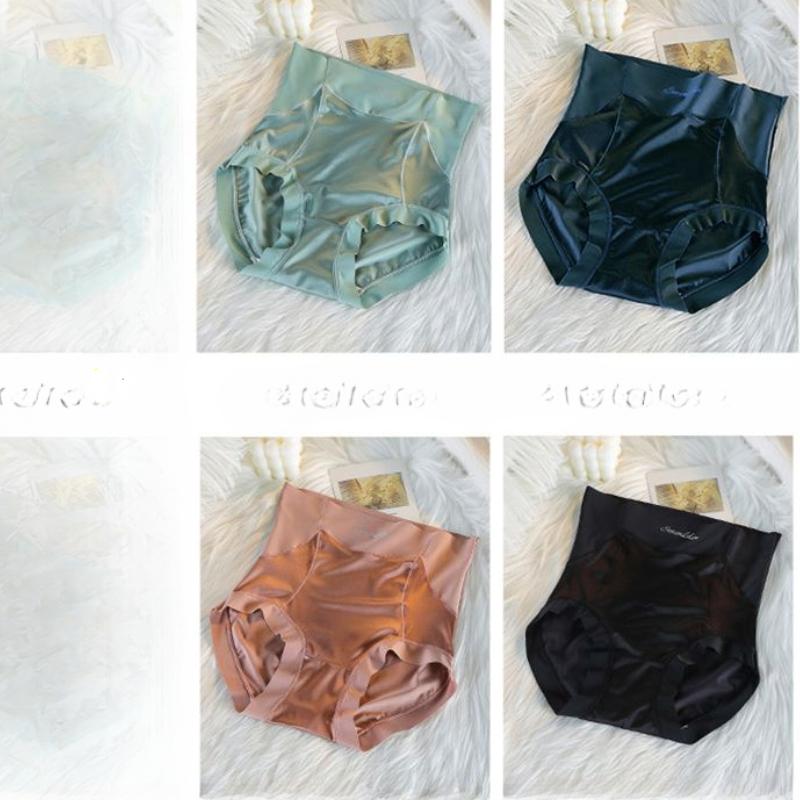Women's High-Waisted Tummy Control Butt Lifting Underwear Seamless Anti-Roll Edge Light Luxury Ice Silk Satin Thin Shorts