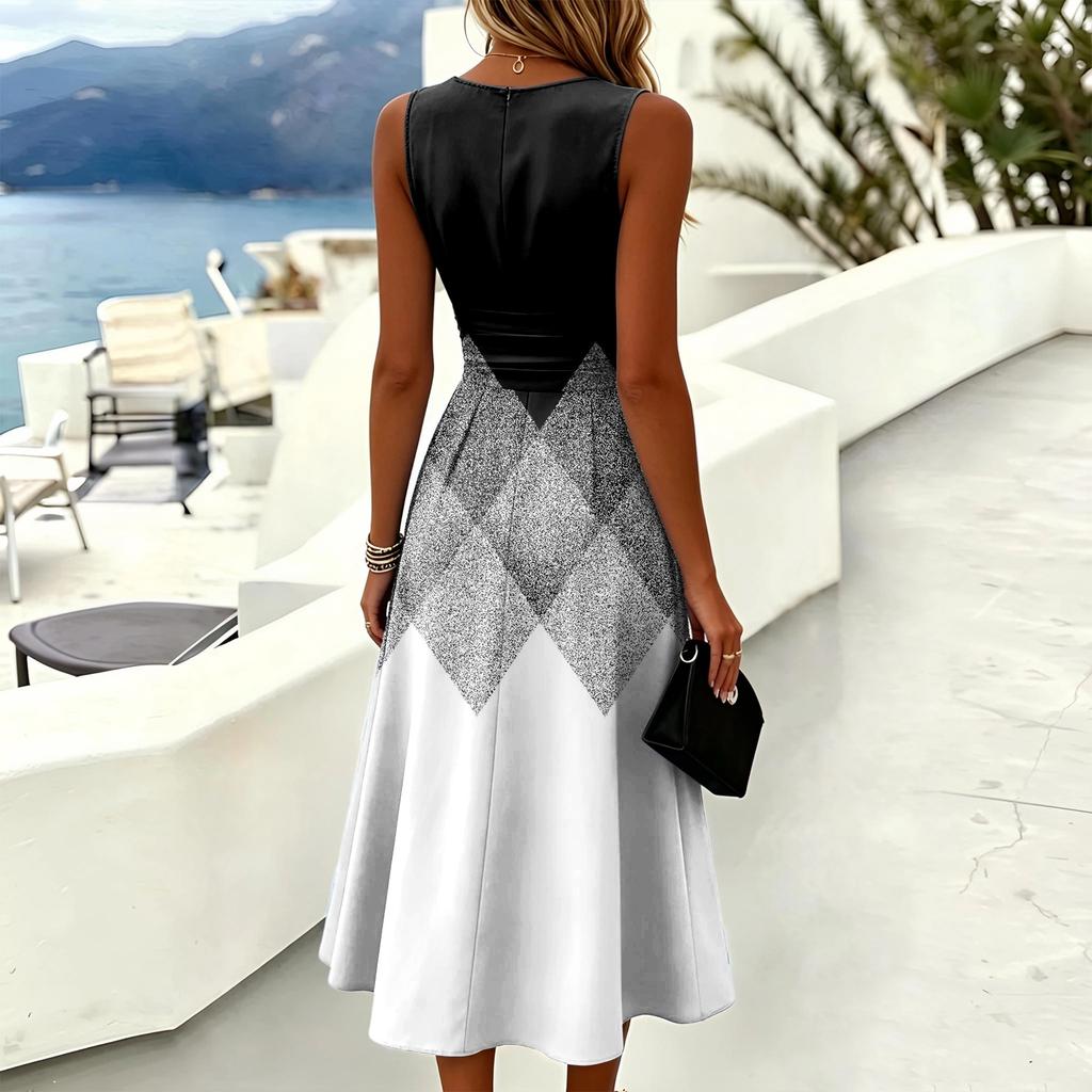 Sleeveless Casual Midi Dress for Women Round Neck Floral Printed Fit and Flare Summer Dress Lightweight Comfortable Fabric