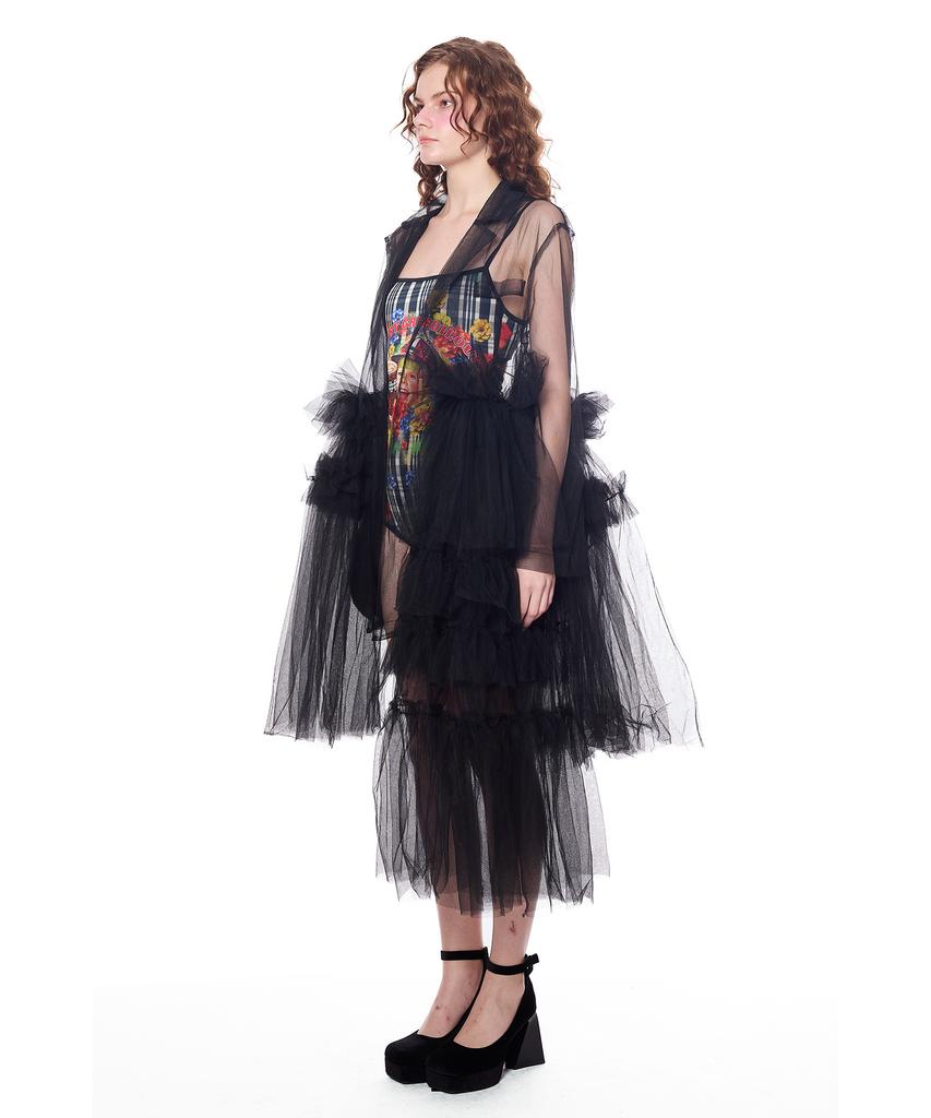Greedius Sheer Ruffle Shawl Dress