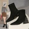 Suede Rhinestone Woman Short Shoes 2026 Winter Ankle Boots for Women Elegant with Medium Heels Booties Square Toe Footwear