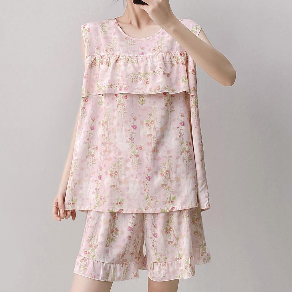 Anti-bumping Pajamas Women's Summer Vest Shorts Set Cotton and Silk Loungewear Can Be Worn Outside Loose Large Size Sweet and Cute