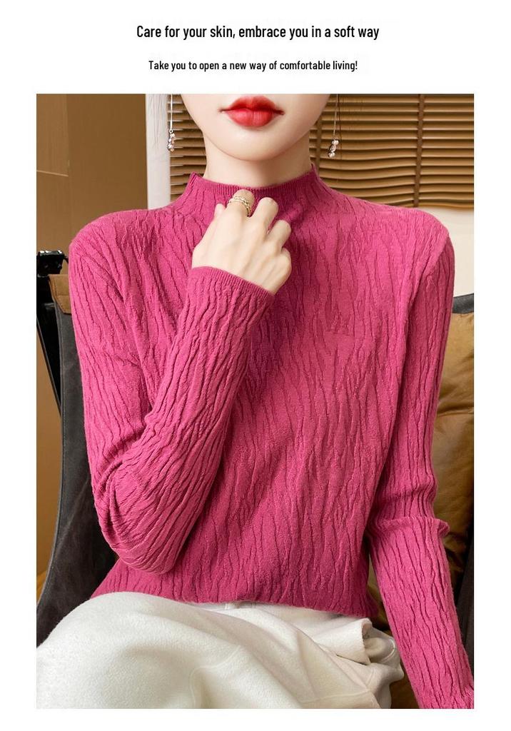 Niche Bark Texture Half-High Collar Sweater: Autumn/Winter Long Sleeve Temperament Knitwear for Women