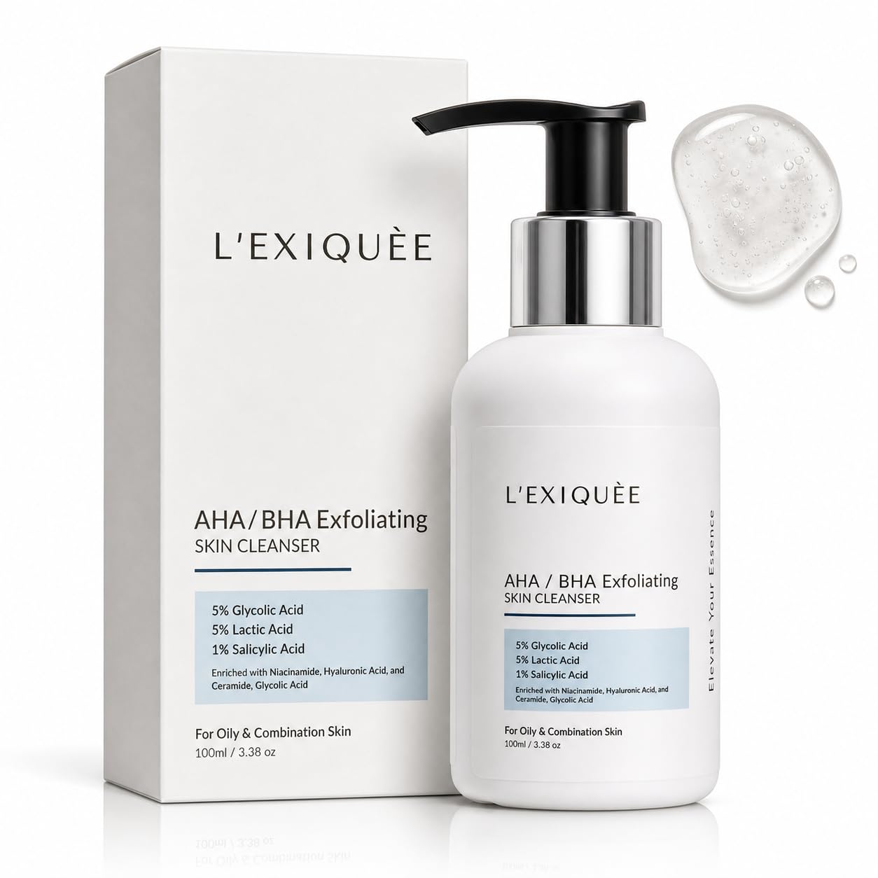 L EXIQUEE AHA/BHA Exfoliating Skin Cleanser | 5% Glycolic Acid, 5% Lactic Acid & 1% Salicylic Acid | Enriched with Niacinamide, Hyaluronic Acid & C
