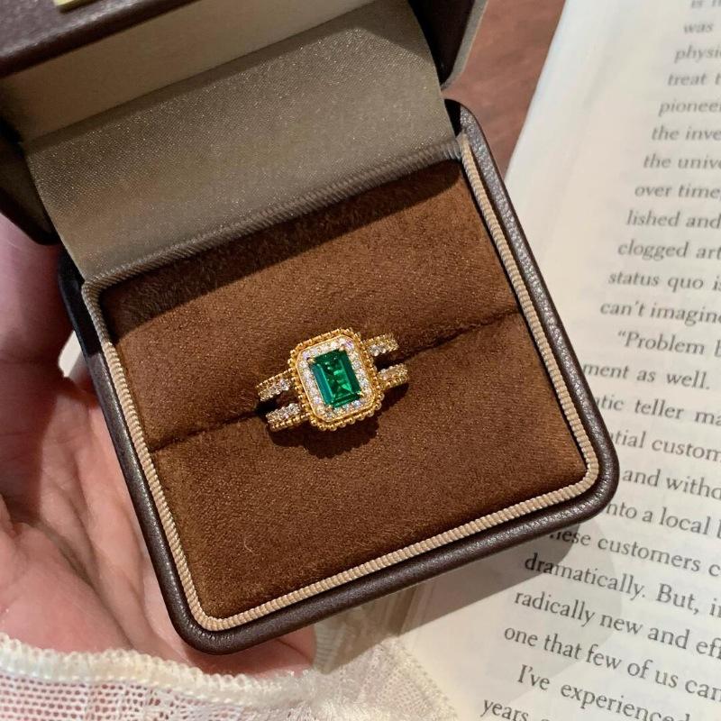 Vintage σμαραγδένιο Πράσινο Τετράγωνο δαχτυλίδι για γυναίκες ένθετο Δαχτυλίδι με Χάντρες Ζιργκόν Εξαιρετικό Πολυτελές Καθημερινό Δώρο Ζιργκόν