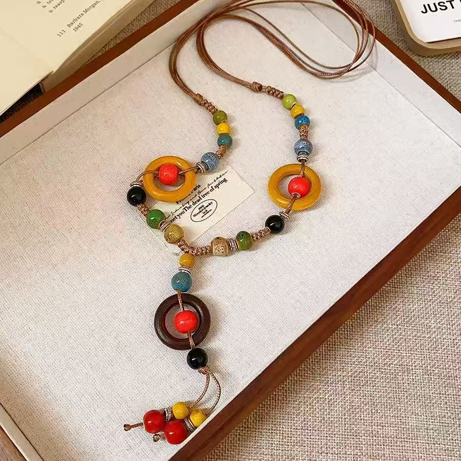 Jingdezhen imitation ceramic necklace Bohemian retro braided rope necklace long tassel style new Chinese sweater chain