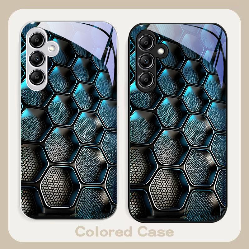 Blue Gradient Grid For Samsung Galaxy A01 02 03 Core A04 A14 4G A13 54 34 31 20 25 23 22 5G S21 Ultra S20 Glass Phone Case