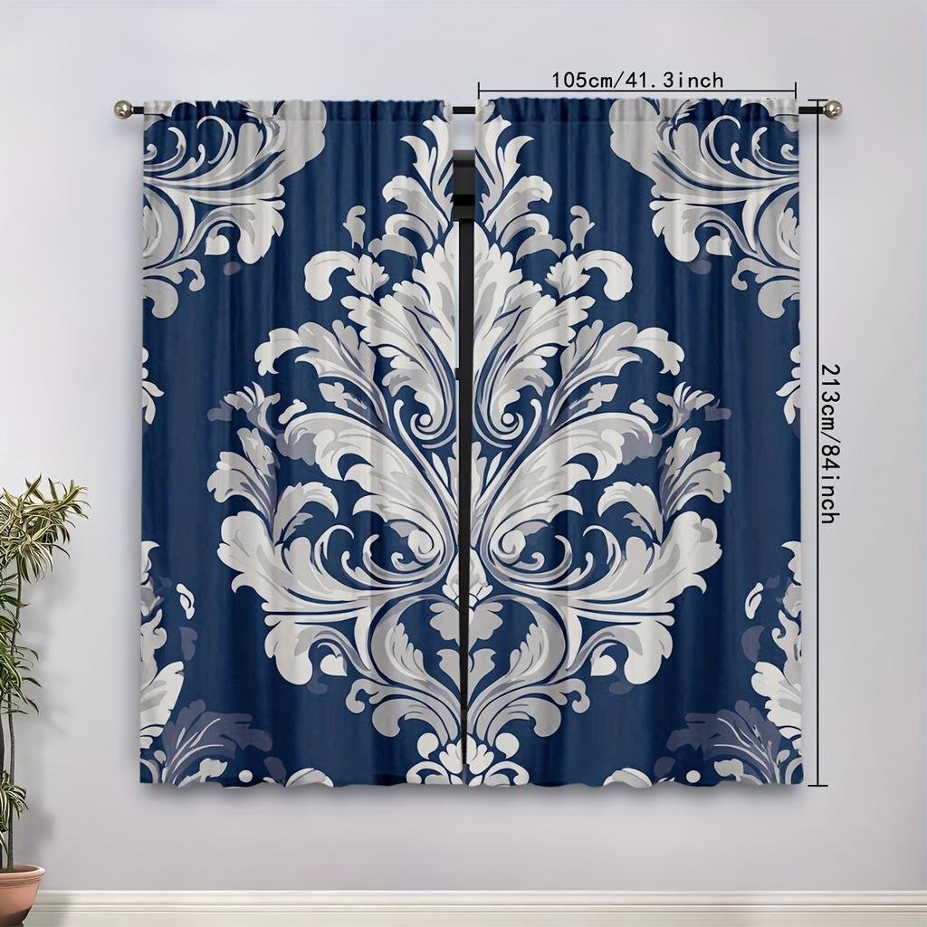 Elegant Navy Blue White Damask Pattern Curtains Drapery Soft Gray Background Luxurious Design Details Perfect Set Of 2 Made Polyester