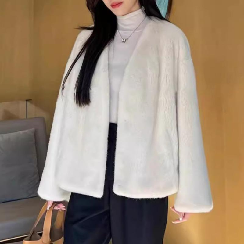 Podzimní a zimní nový dámský módní kabát z umělé kožešiny s výstřihem do V