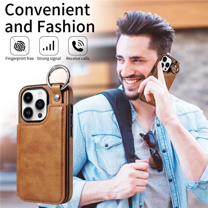 Ring Leder Portemonnaie Karte Handytasche für iPhone 15 Pro Max 14 Plus 13 Pro 12 11 für Samsung Galaxy S24 Ultra S23 S22 S21 FE A15 A54 A34 A14 Flip Cover
