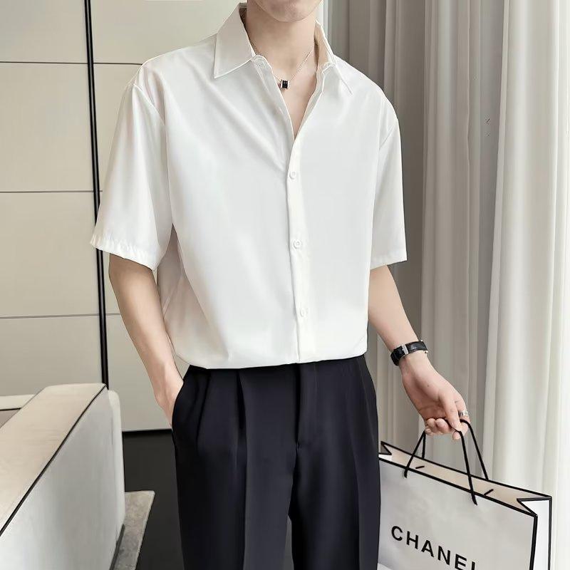 Ice Silk Men's Loose Fit Short Sleeve Button-Down Shirt - Korean, Hong Kong, Japanese Style, Plus Size, Wrinkle-Resistant