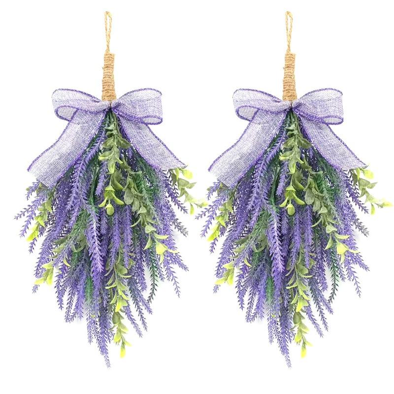 Simulated Artificial Lavender Bow Wall-mounted Purple Home Door Hanging with Green Plant Decoration On The Door Header