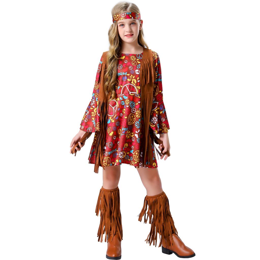 Music Festival Children's Retro Disco Costumes, Halloween Girl Print Hippie Fringed Performance Costumes