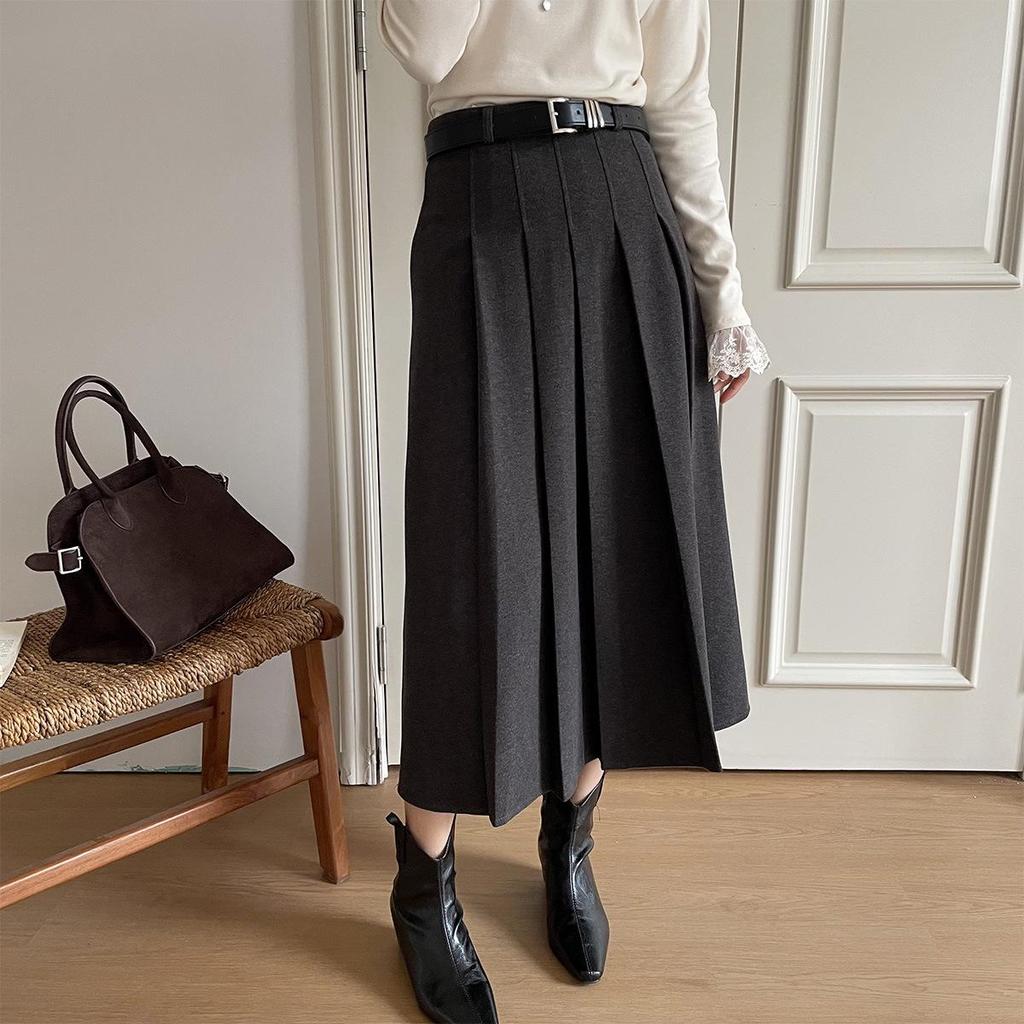 Lizhiqi Women's Woolen A-Line Pleated Midi Skirt - 2024 Winter Collection, High Waist, Slimming Fit
