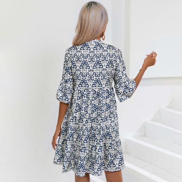 Rochie de vară pentru femei cu talie înaltă, croială A, mânecă scurtă, cu imprimeu etnic, cu șireturi