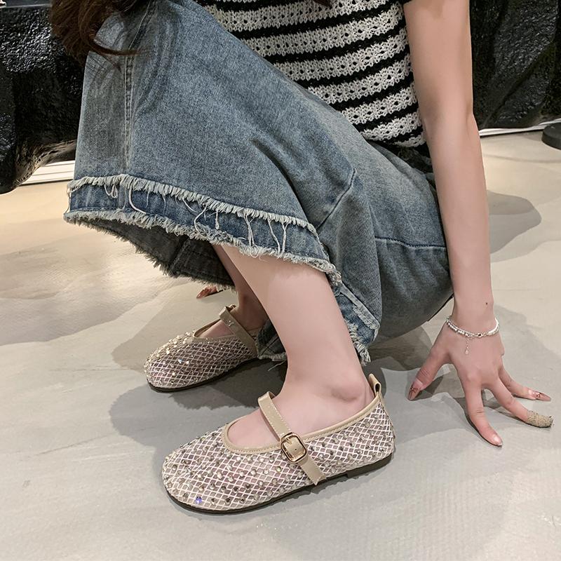 Fashion Luxury Crystal Covered Fishnet Mary Jane Shoes Woman Elegant Brand Design Rhinestone Mesh Ballet Flats Ladies  Bling Net Loafers