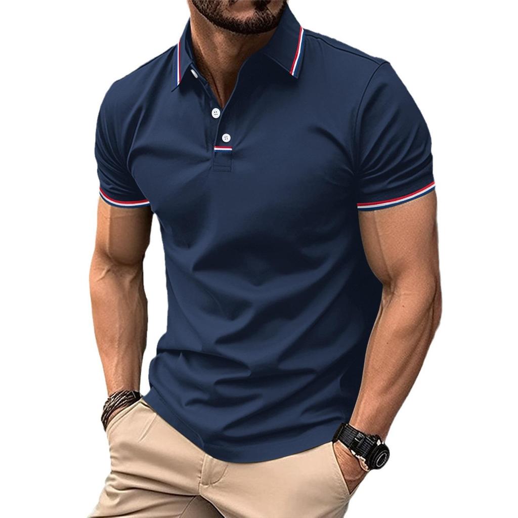 New Men's Casual POLO Shirt Lapel Collage Pull Stripes Button Business Solid Colour T-shirt Tops