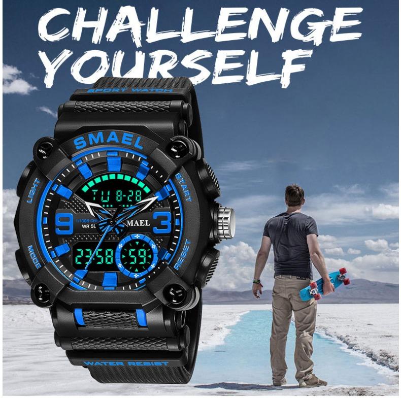 Ceas digital cu afișaj dublu SMAEL pentru studenți de sex masculin Ceas electronic cu funcție de alarmă multifuncțională anti-luminozitate în întuneric