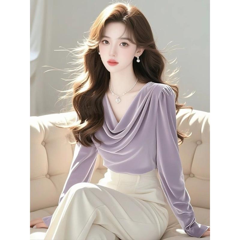High-end Velvet Collar Shirt for Women with Solid Color Long Sleeve Unique and Beautiful Tops