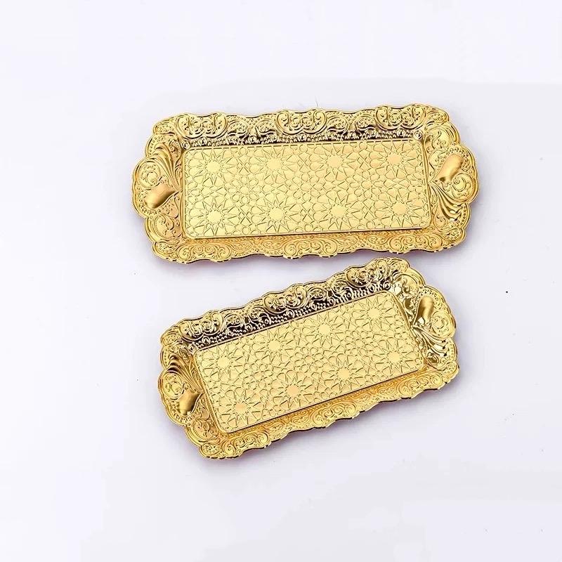 Rectangle-Carved Design Metal Cake Tray With Exquisite Plate Engraving Flower Golden Food Fruit Tray For Home Wedding Decoration