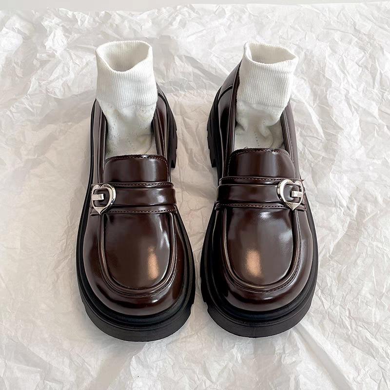 Black retro thick heel platform small leather shoes women's autumn new one-pedal loafers