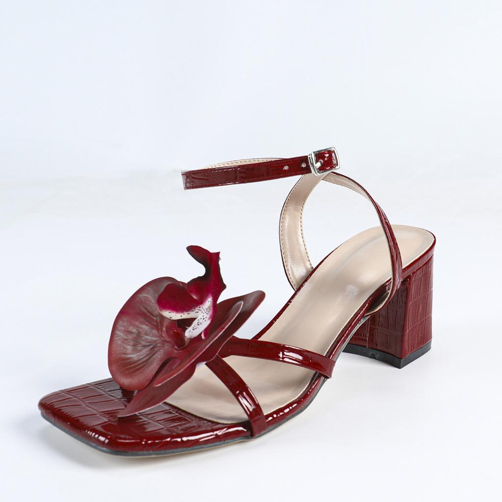 Burgundy Heels for Ladies Elegant Flower Sandals Ankle Straps Square Toe Fashion Women's Footwear Party Dress Shoes for Women