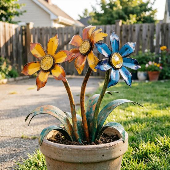 Picchetto da Giardino Fiorito Retrò, Scultura di Fiore in Metallo Invecchiato, Picchetto Decorativo da Giardino con Fiori Colorati, Decorazione Rustica da Esterno per Prato e Sentiero
