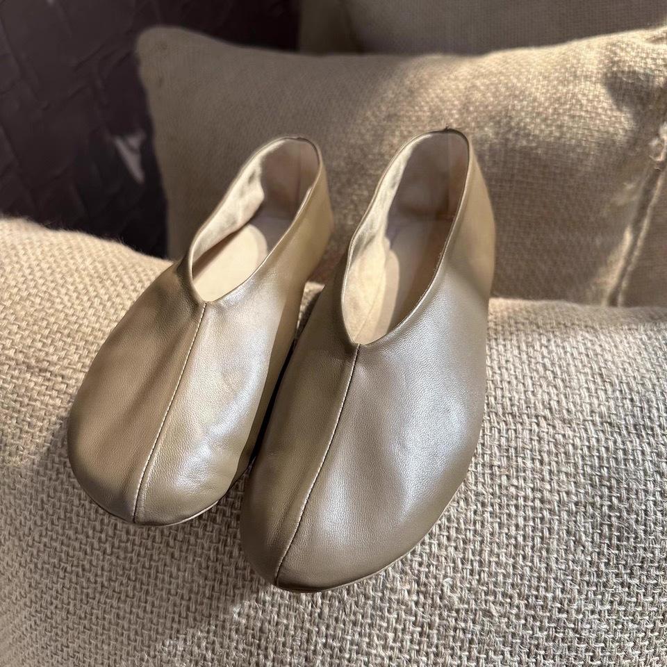 Cowhide Version~ Genuine Leather Round Head Shallow Mouth Single Shoes Women's One-pedal Flat-soled Small Leather Shoes Korean Version Versatile Simpl