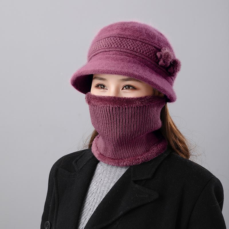 Mom hat autumn and winter velvet warm women's scarf two-piece set knitted thread hat fashionable versatile wool basin hat
