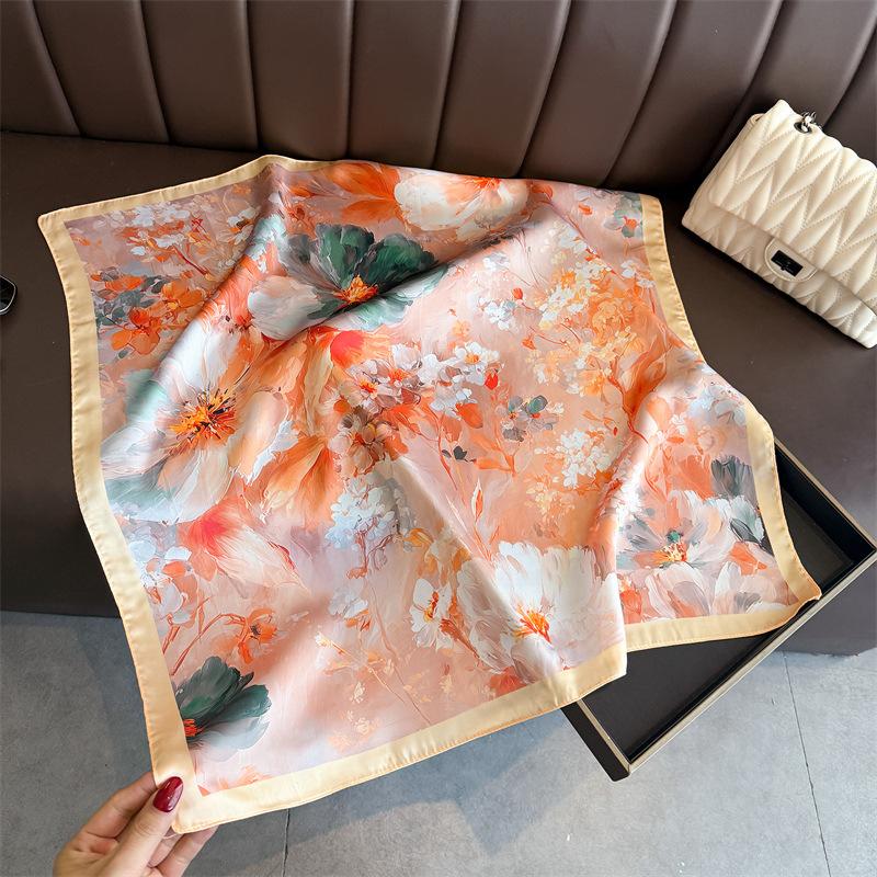2026 New Floral Print Silk Square Scarf Women Headscarf Soft Kerchief Head Scarves Hijab Female All Seasons Decoration Neck Tie 66-70cm