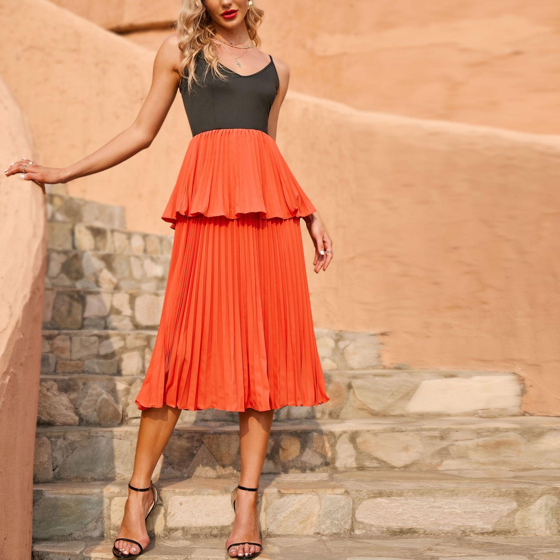 

Новая женская одежда новое сексуальное платье без рукавов на подтяжках плиссированная юбка XL оранжевый