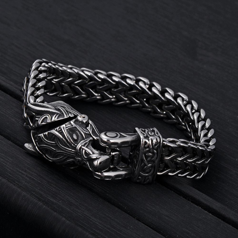 Bracciale Testa di Lupo Vichingo per Uomo Catena Spessa in Acciaio Inossidabile Gioielli Retro in Titanio